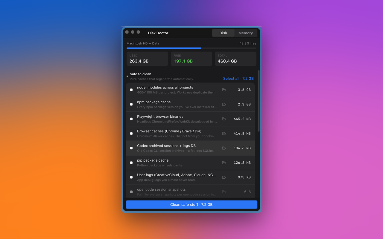 Disk Doctor — scan results showing safe-to-clean tier