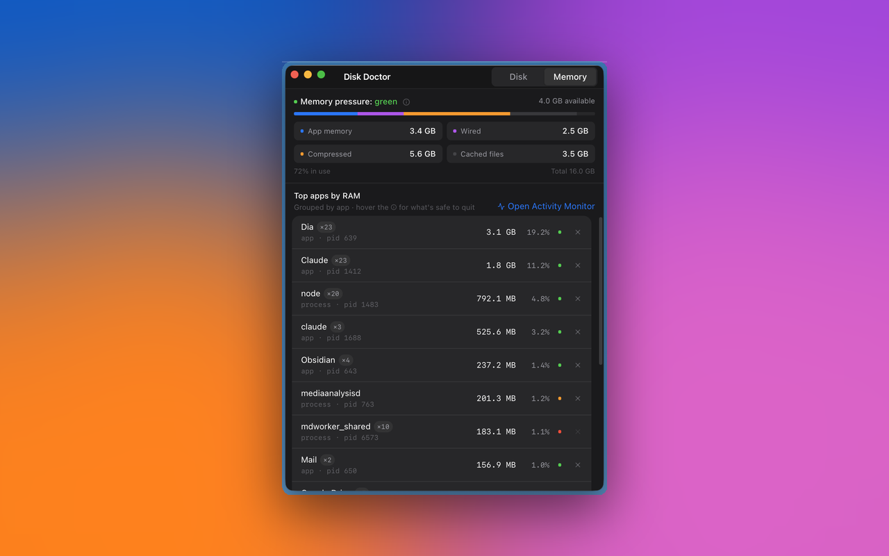 Disk Doctor — Memory tab with pressure bar and top apps